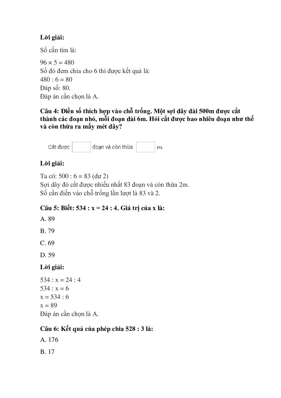 Trắc nghiệm Chia số có ba chữ số cho số có một chữ số có đáp án – Toán lớp 3 (trang 2)