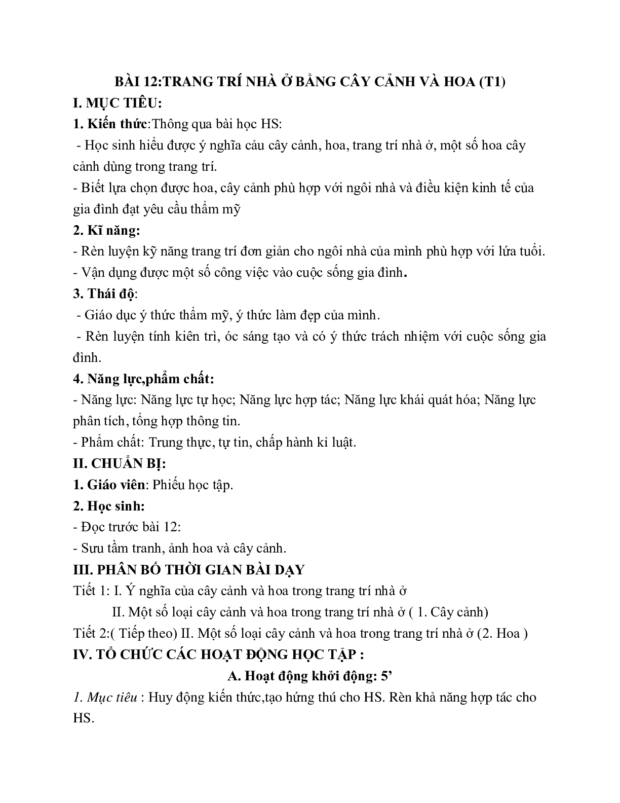 GIÁO ÁN CÔNG NGHỆ 6 BÀI 12:TRANG TRÍ NHÀ Ở BẰNG CÂY CẢNH VÀ HOA (T1) MỚI NHẤT (trang 1)