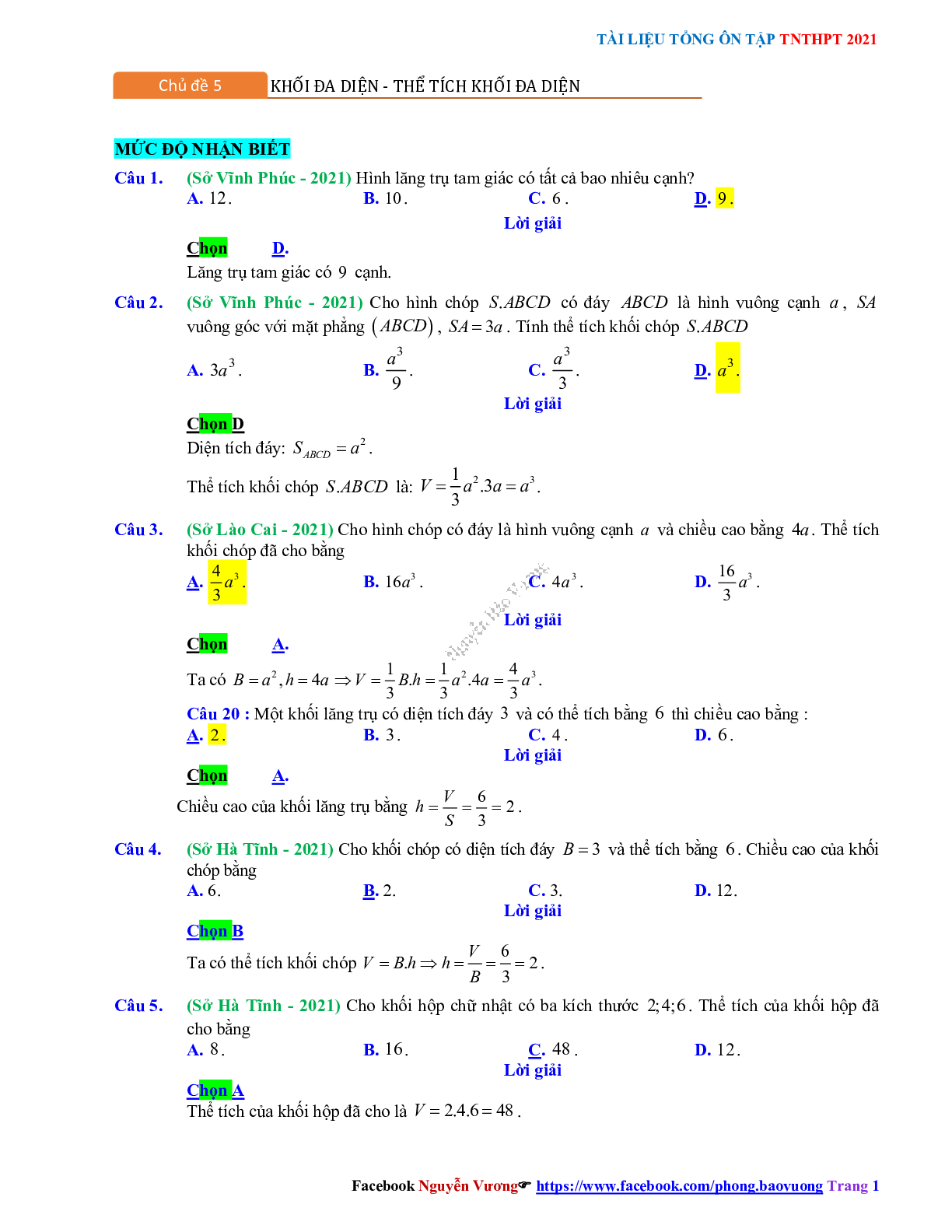Trắc nghiệm Ôn thi THPT QG Toán 12: Đáp án khối đa diện - thể tích khối đa diện mức độ nhận biết (trang 1)