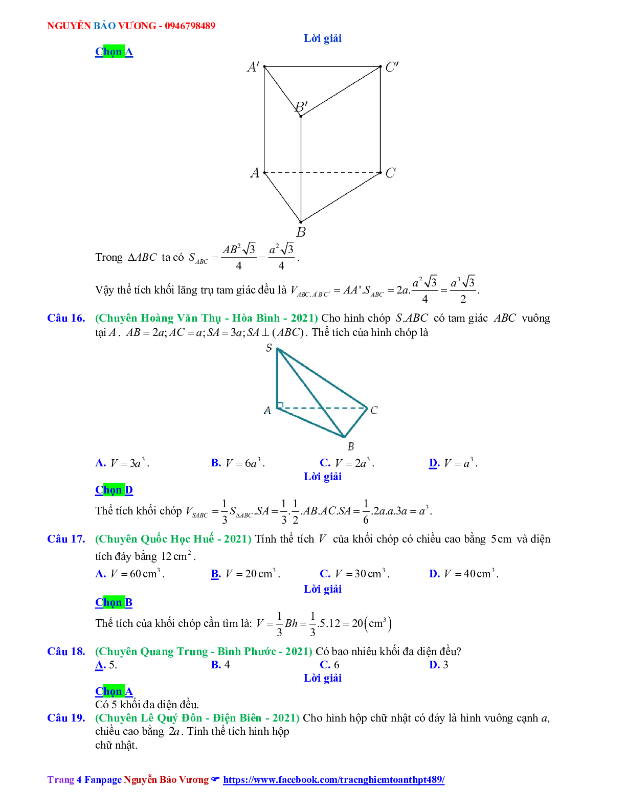 Trắc nghiệm Ôn thi THPT QG Toán 12: Đáp án khối đa diện - thể tích khối đa diện mức độ nhận biết (trang 4)