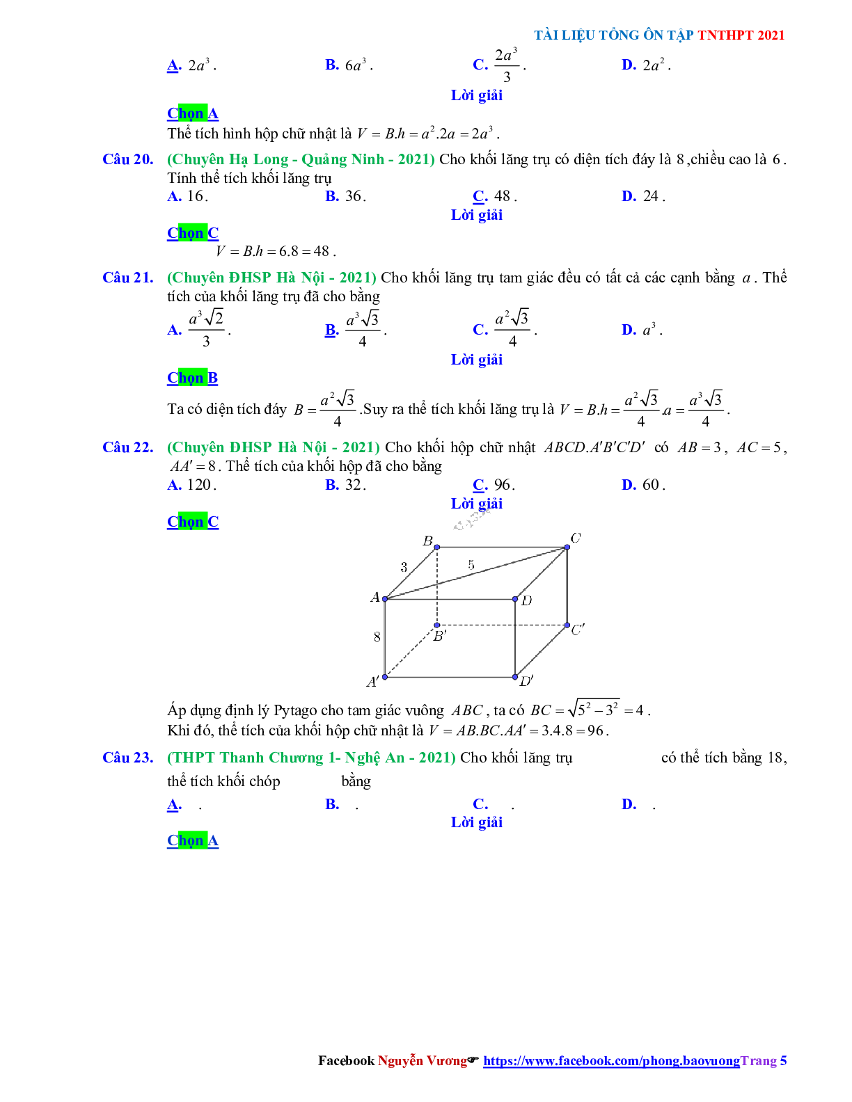 Trắc nghiệm Ôn thi THPT QG Toán 12: Đáp án khối đa diện - thể tích khối đa diện mức độ nhận biết (trang 5)
