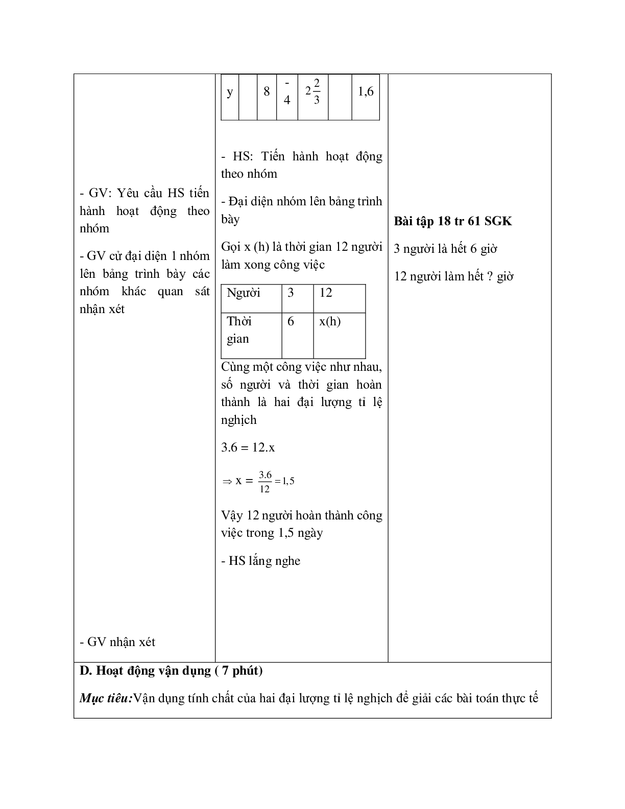 Giáo án Toán học 7 bài 4: Một số bài toán về đại lượng tỉ lệ nghịch hay nhất (trang 5)
