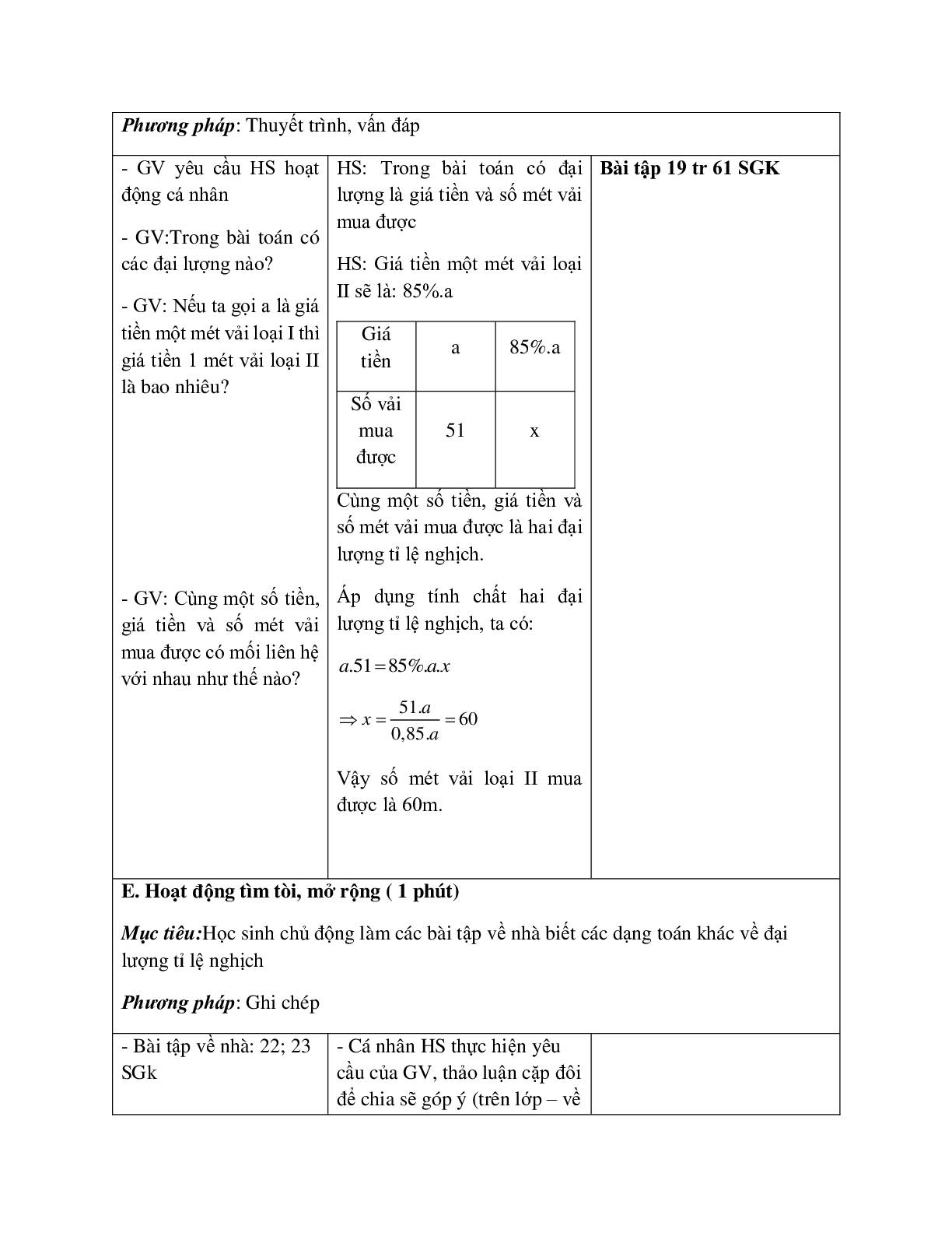 Giáo án Toán học 7 bài 4: Một số bài toán về đại lượng tỉ lệ nghịch hay nhất (trang 6)