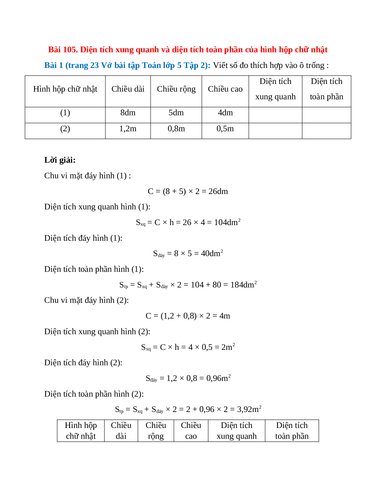 Vở bài tập Toán lớp 5 Tập 2 trang 23, 24 Bài 105: Diện tích xung quanh và diện tích toàn phần của hình hộp chữ nhật (trang 1)