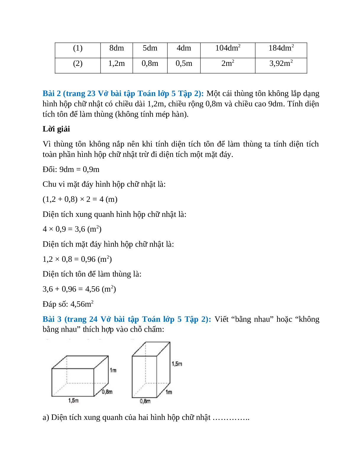 Vở bài tập Toán lớp 5 Tập 2 trang 23, 24 Bài 105: Diện tích xung quanh và diện tích toàn phần của hình hộp chữ nhật (trang 2)