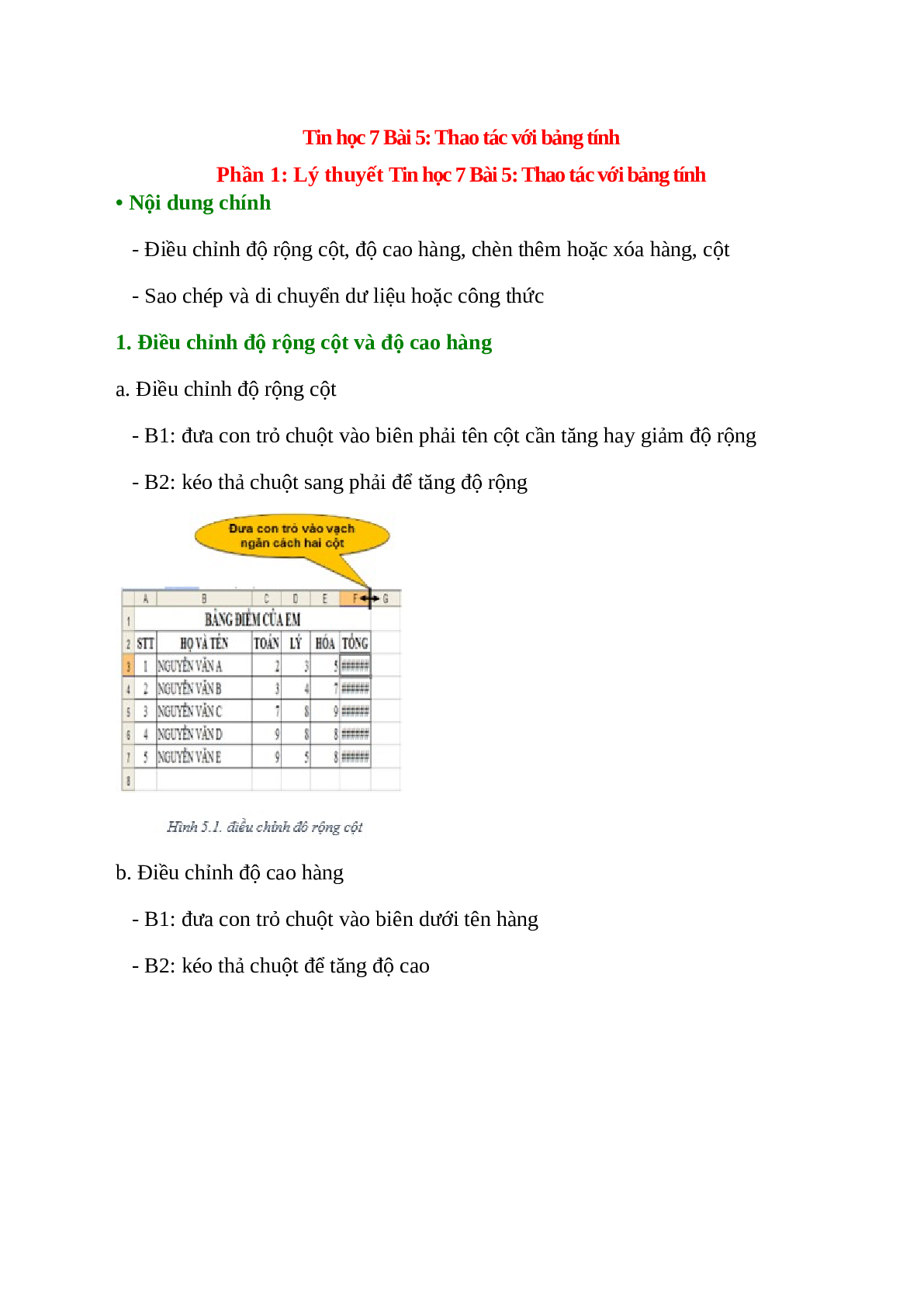 Tin học 7 Bài 5 (Lý thuyết và trắc nghiệm): Thao tác với bảng tính (trang 1)