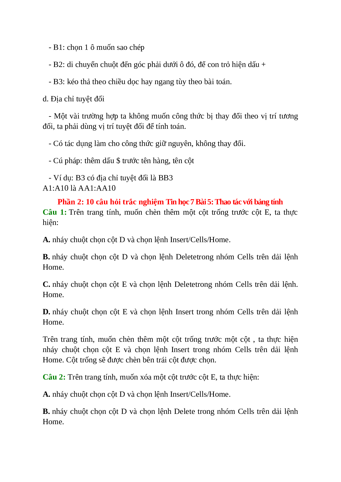Tin học 7 Bài 5 (Lý thuyết và trắc nghiệm): Thao tác với bảng tính (trang 5)