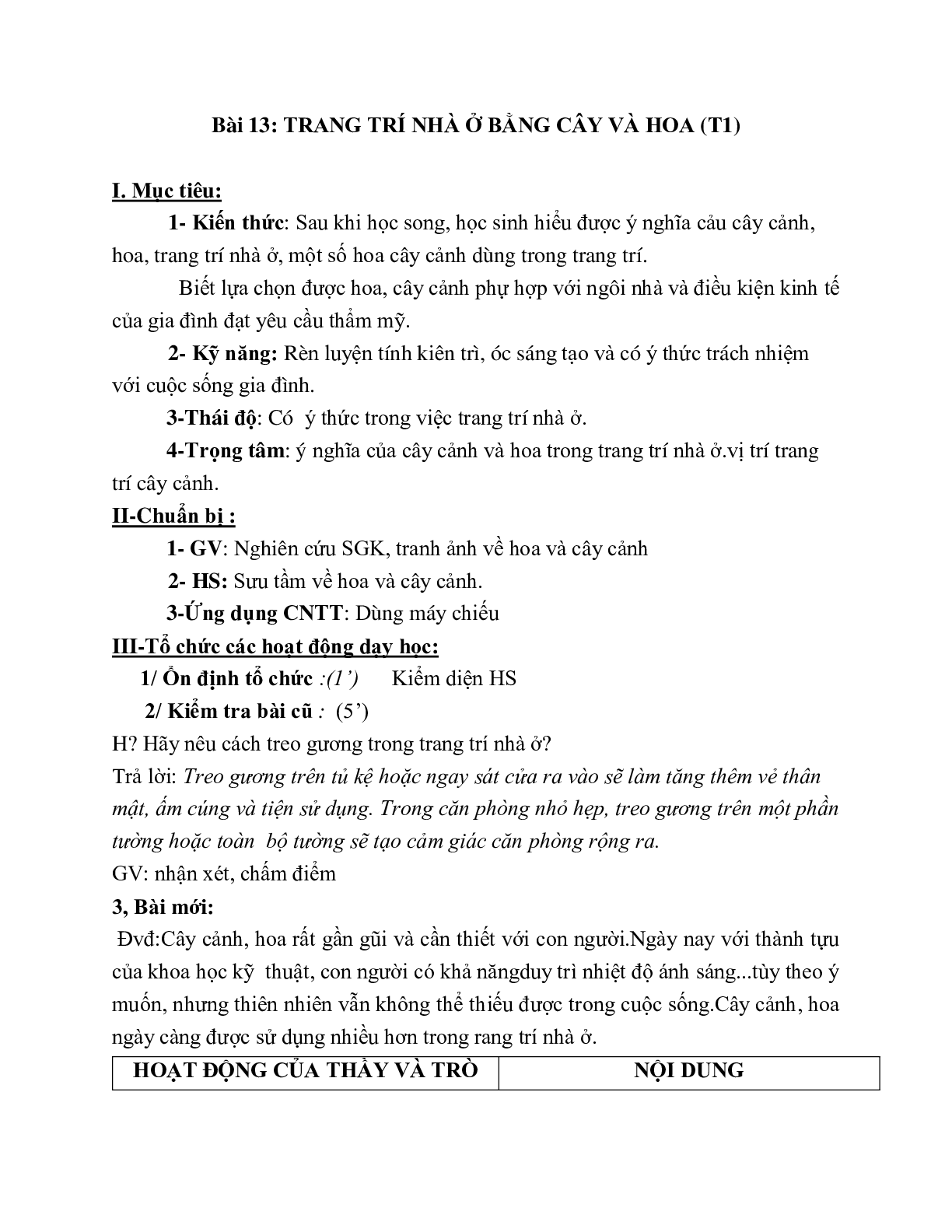 GIÁO ÁN CÔNG NGHỆ 6 BÀI 13: TRANG TRÍ NHÀ Ở BẰNG CÂY VÀ HOA (T1) MỚI NHẤT – CV5555 (trang 1)