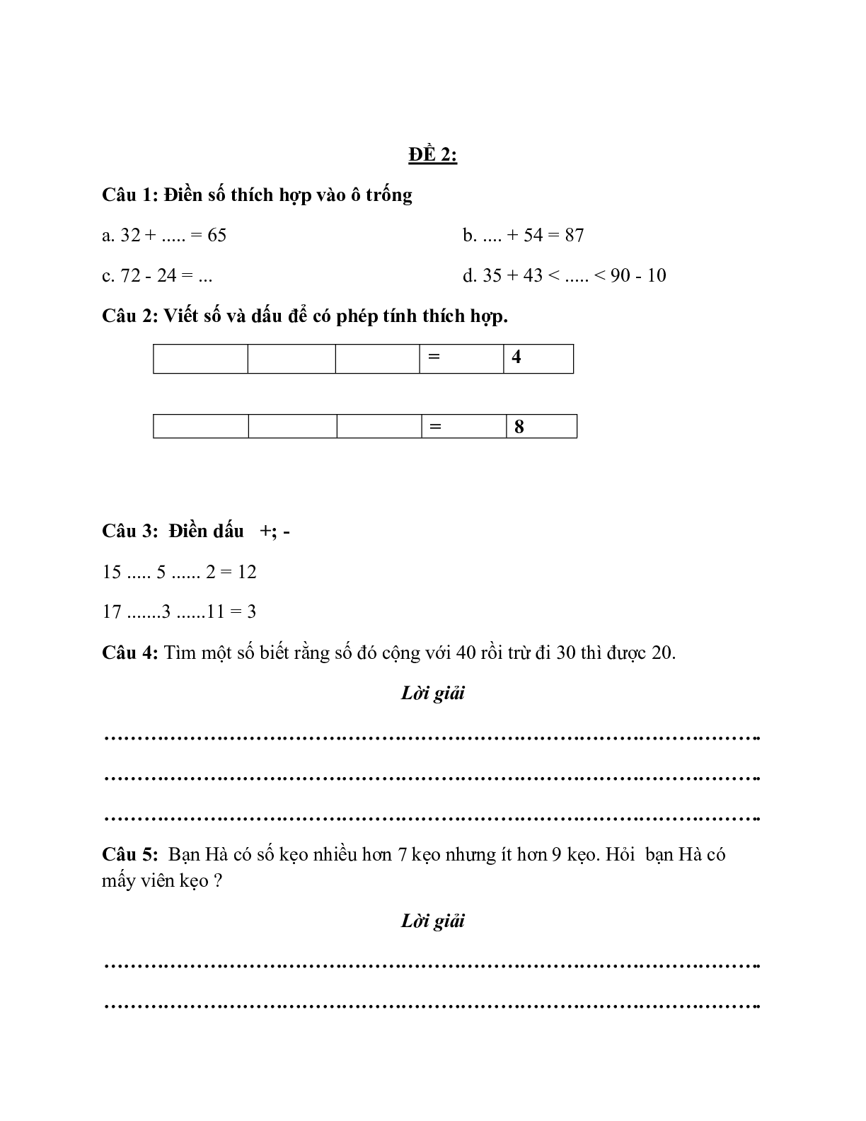 Đề thi Ôn tập môn Toán lớp 2 có đáp án (15 đề) (trang 4)