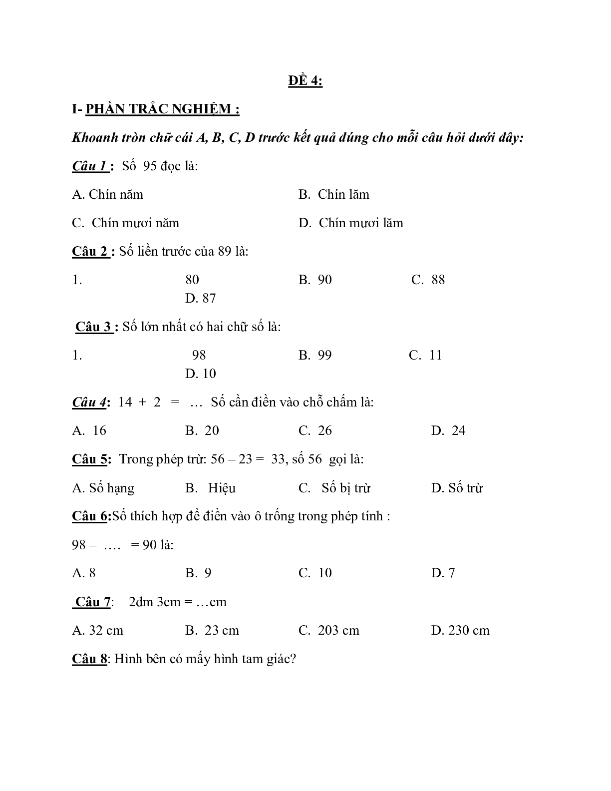 Đề thi Ôn tập môn Toán lớp 2 có đáp án (15 đề) (trang 9)