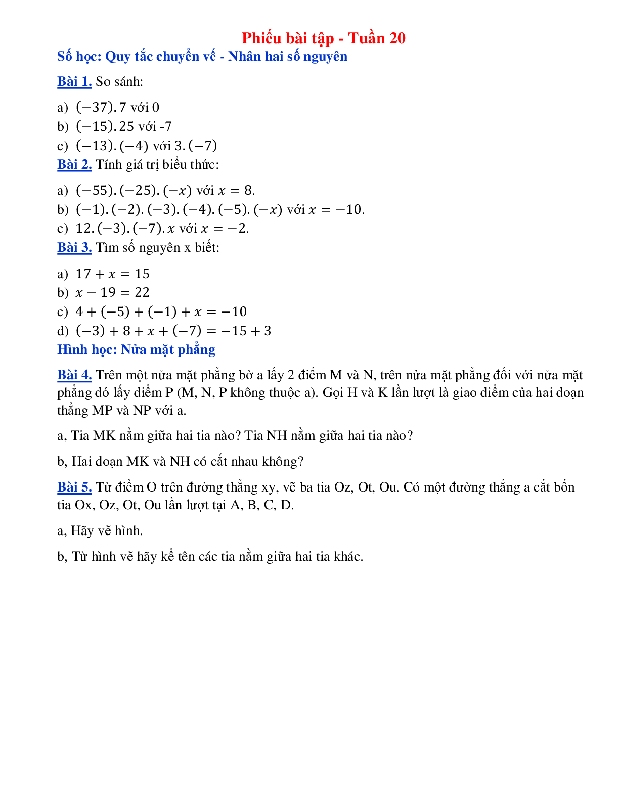 Phiếu bài tập tuần 20 - Toán 6 (trang 1)