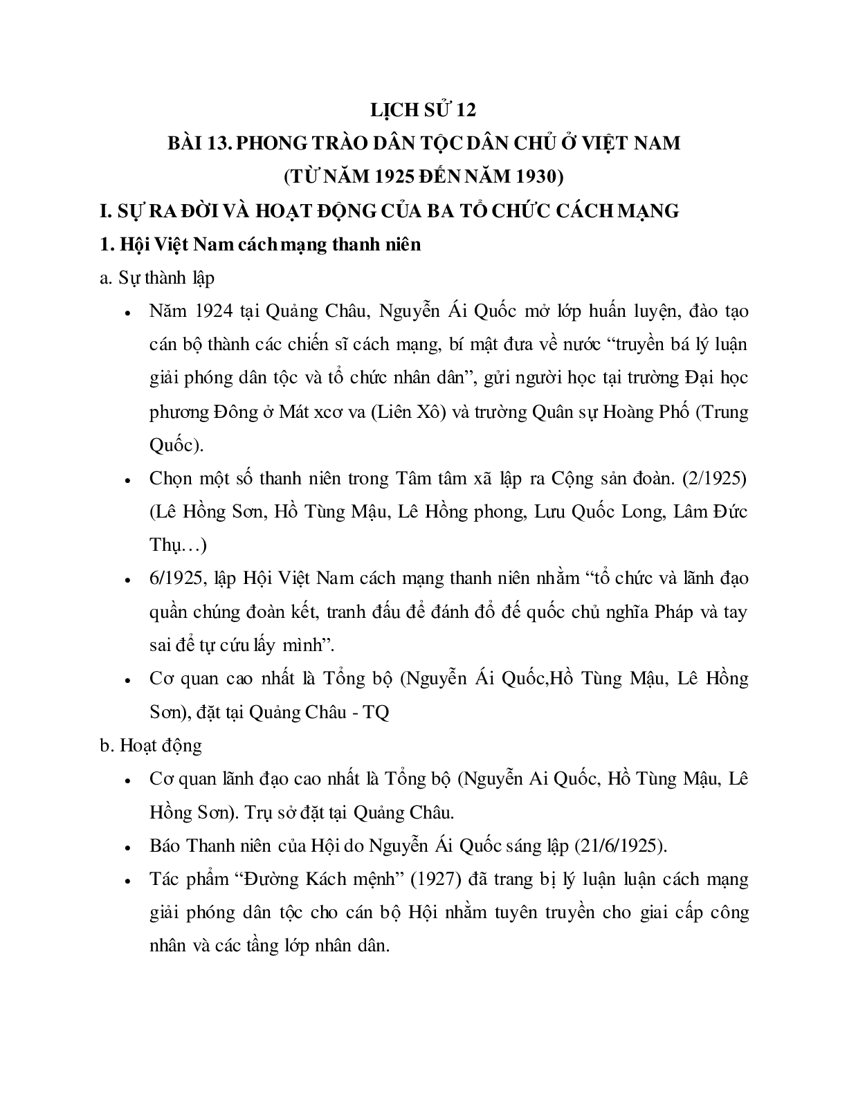 Lý thuyết môn Lịch sử 12 - bài 13: Phong trào dân tộc dân chủ ở Việt Nam từ năm 1925 đến năm 1930 mới nhất (trang 1)