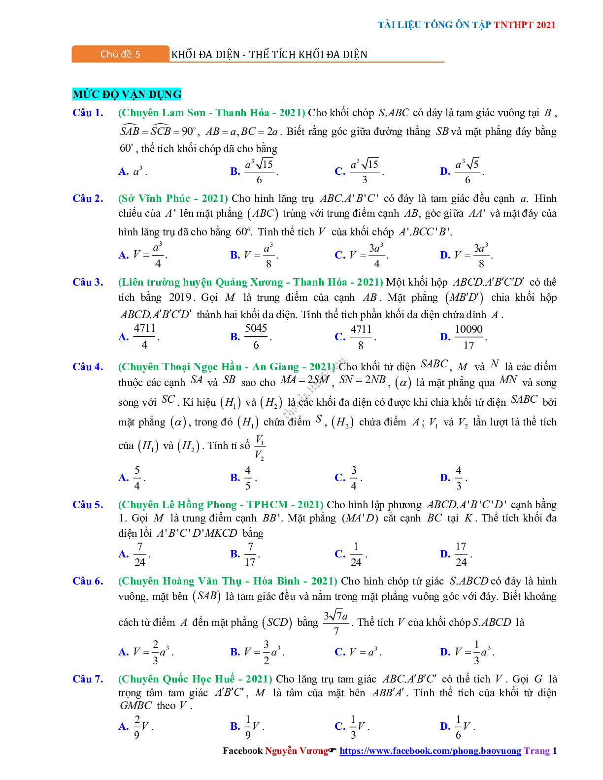 Trắc nghiệm Ôn thi THPT QG Toán 12: Câu hỏi khối đa diện - thể tích khối đa diện mức độ vận dụng (trang 1)