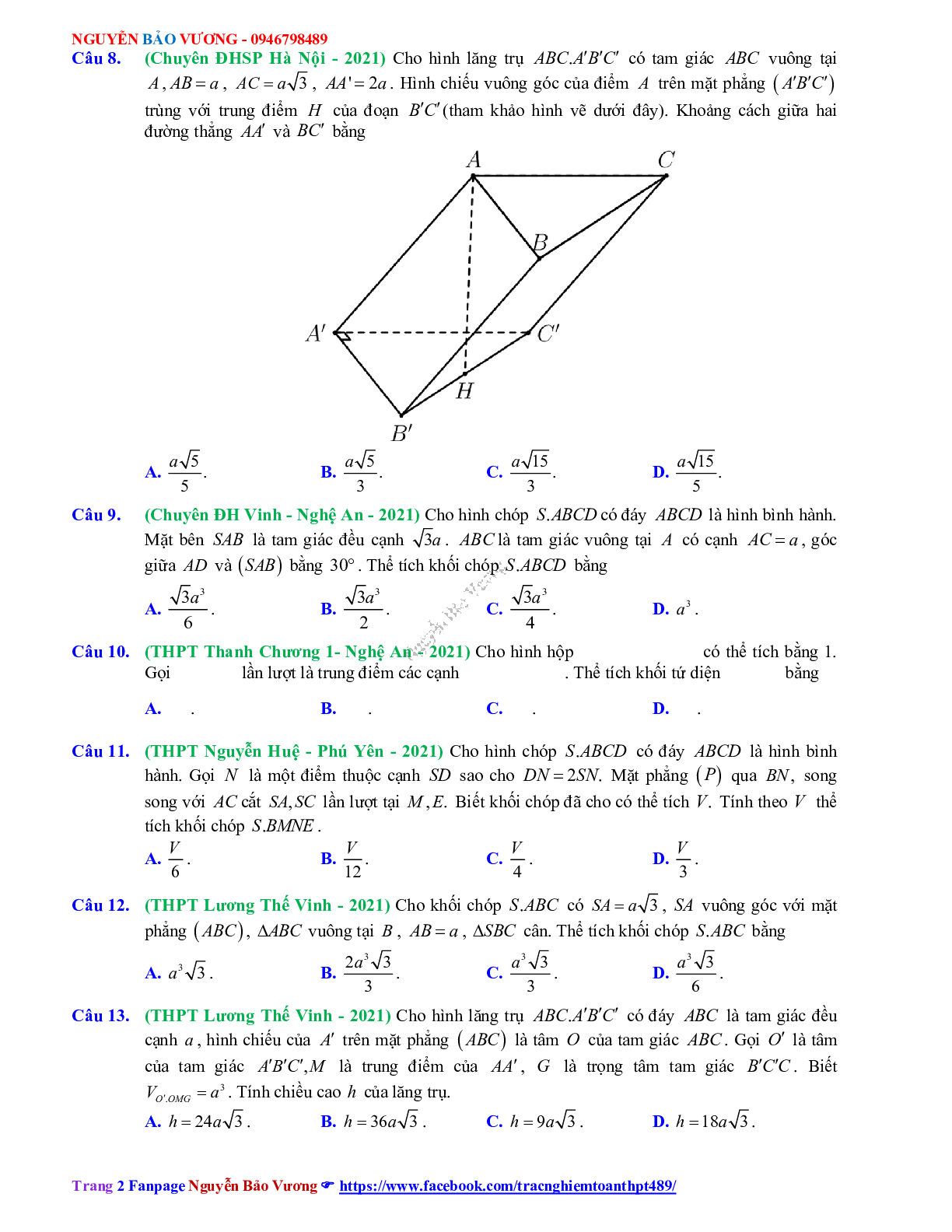 Trắc nghiệm Ôn thi THPT QG Toán 12: Câu hỏi khối đa diện - thể tích khối đa diện mức độ vận dụng (trang 2)