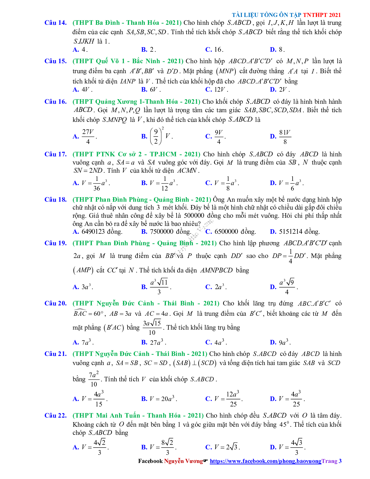 Trắc nghiệm Ôn thi THPT QG Toán 12: Câu hỏi khối đa diện - thể tích khối đa diện mức độ vận dụng (trang 3)
