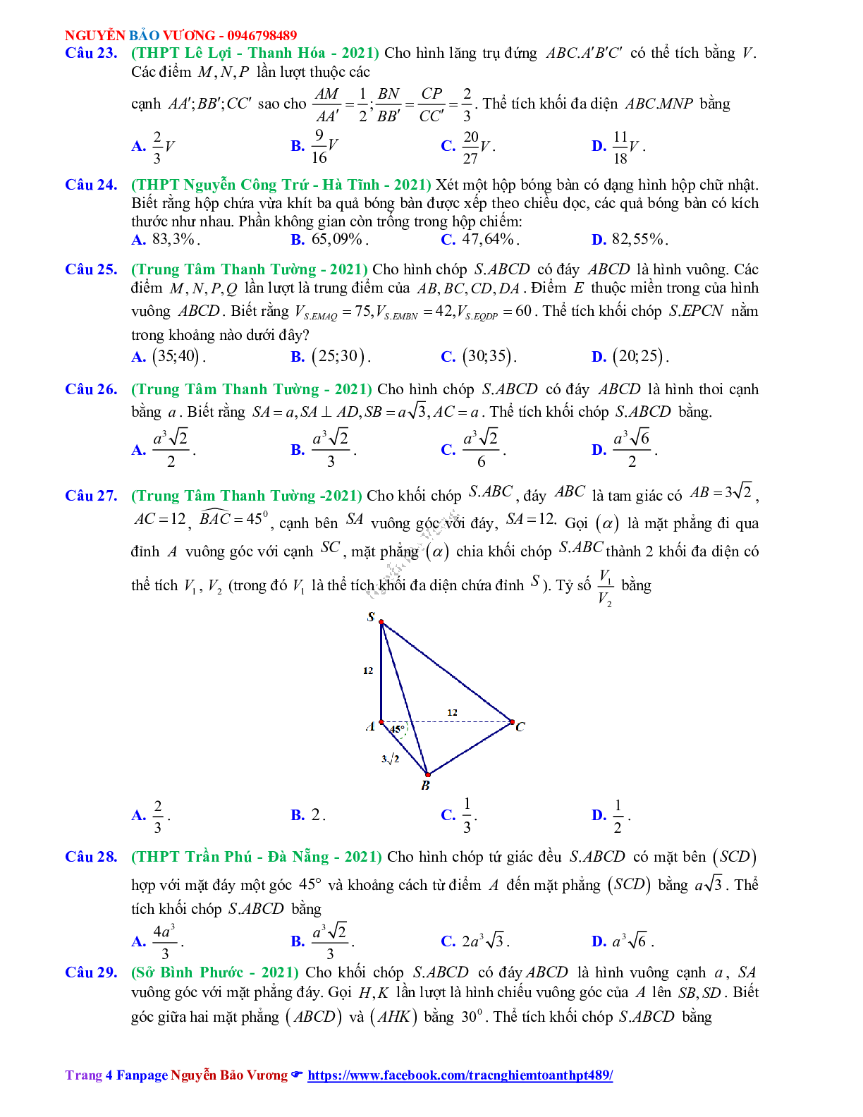 Trắc nghiệm Ôn thi THPT QG Toán 12: Câu hỏi khối đa diện - thể tích khối đa diện mức độ vận dụng (trang 4)