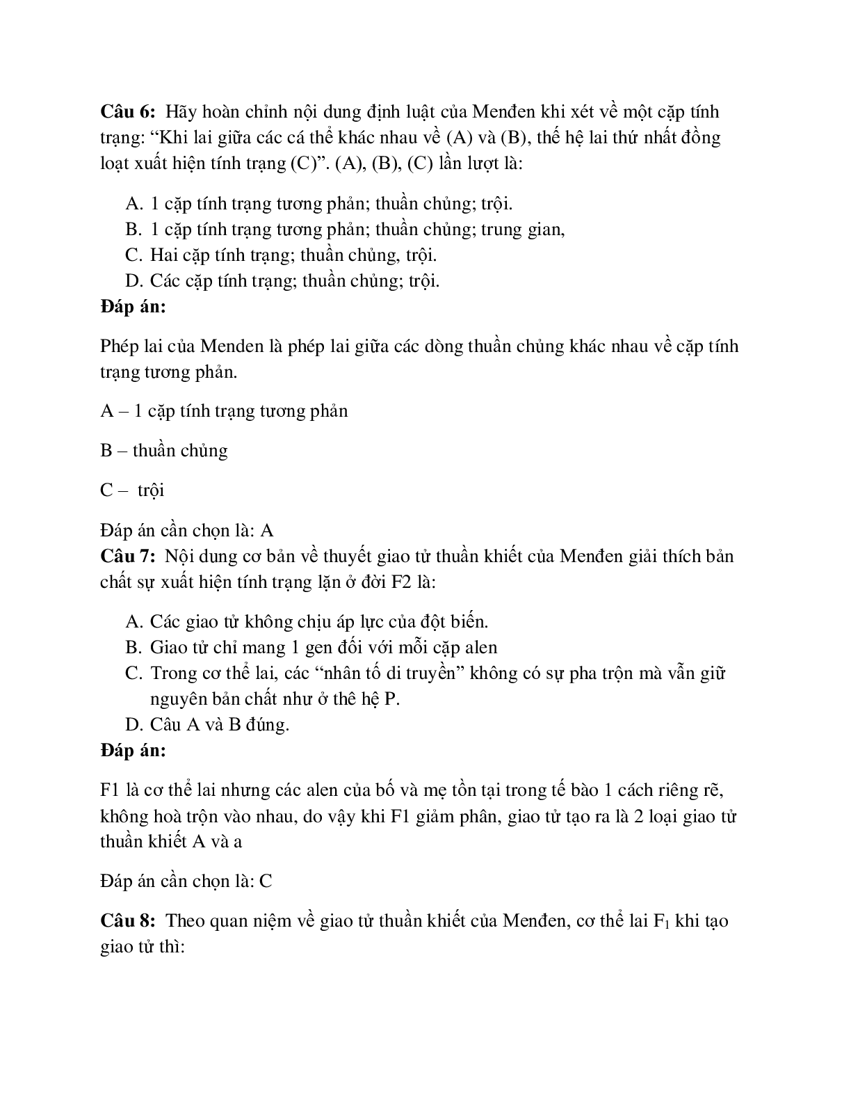 94 câu Trắc nghiệm Sinh học lớp 12 Bài 8 có đáp án 2023: Quy luật phân li (trang 3)