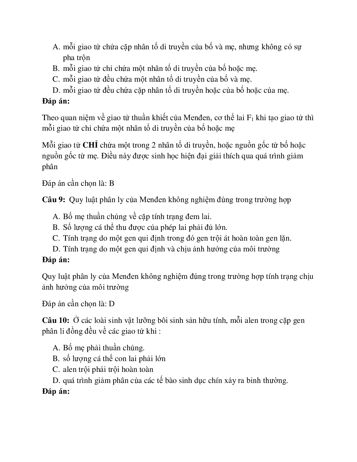 94 câu Trắc nghiệm Sinh học lớp 12 Bài 8 có đáp án 2023: Quy luật phân li (trang 4)