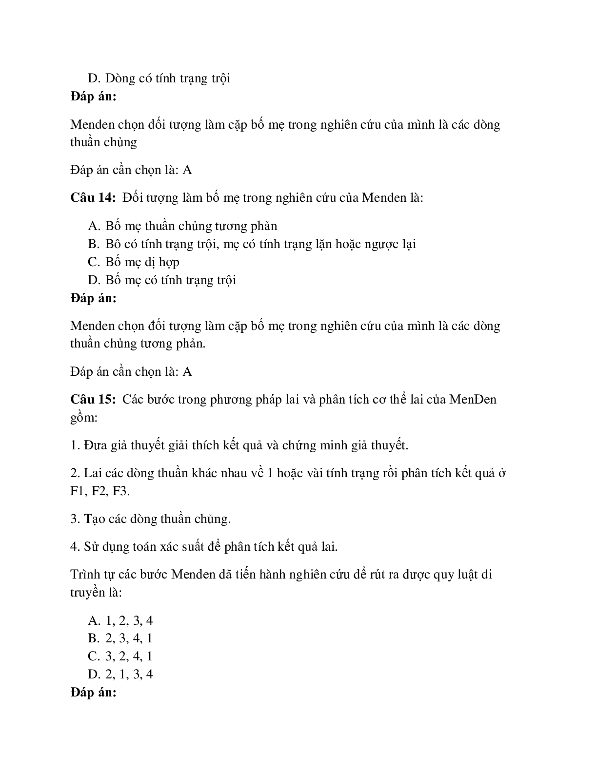 94 câu Trắc nghiệm Sinh học lớp 12 Bài 8 có đáp án 2023: Quy luật phân li (trang 6)