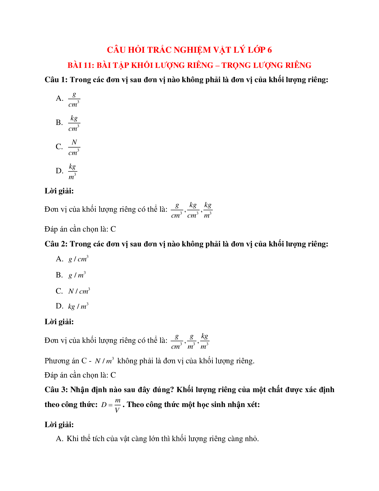Trắc nghiệm Vật lý 6 Bài 11 có đáp án: Bài tập Khối lượng riêng - Trọng lượng riêng (trang 1)