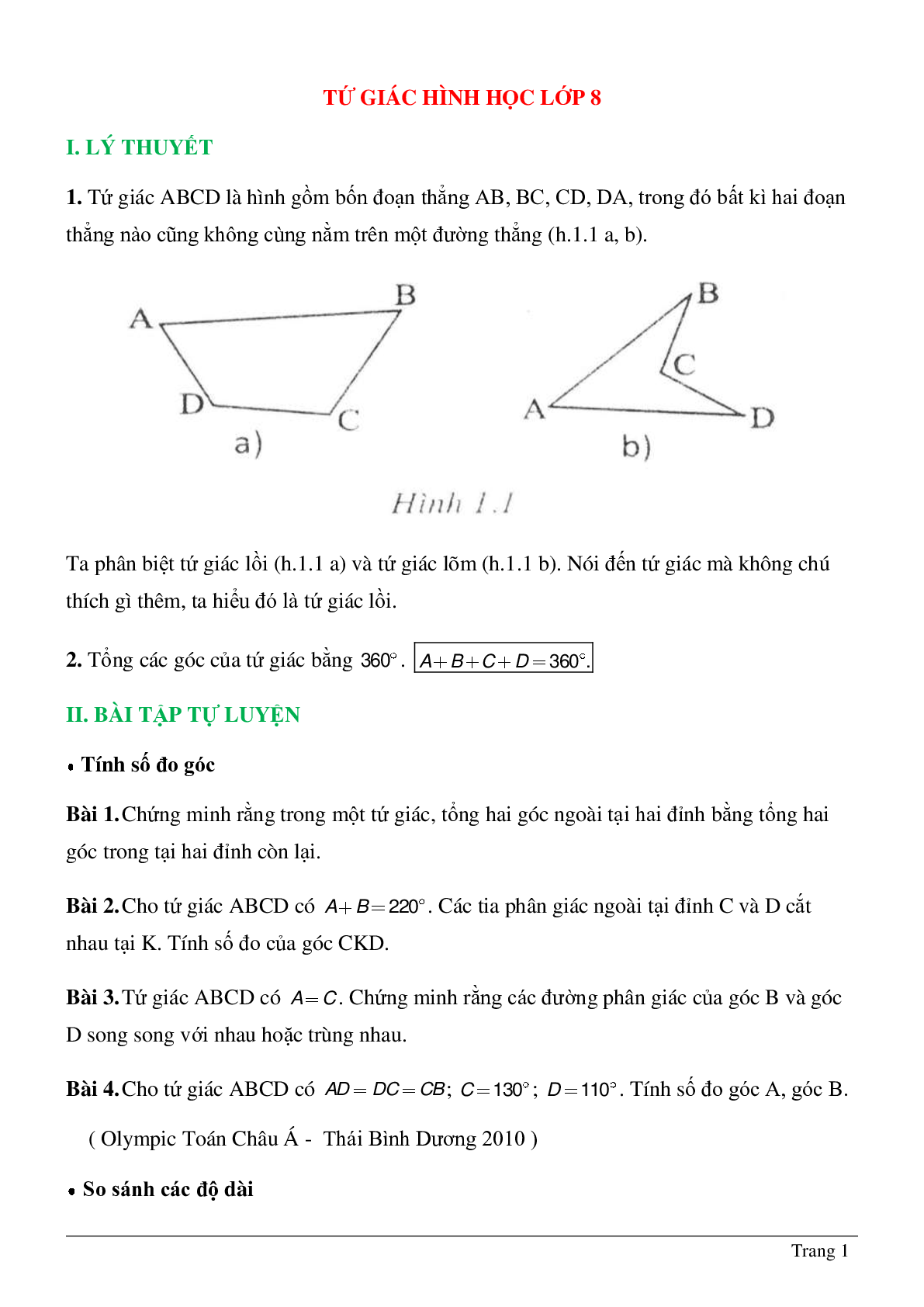 Tứ giác hình học lớp 8 (trang 1)