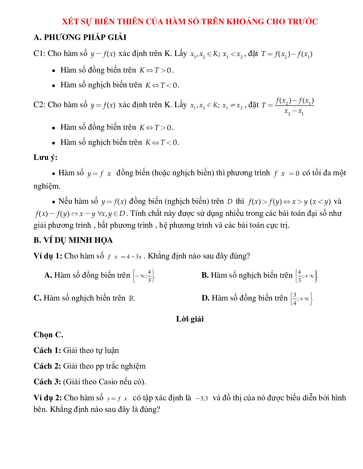 Bài tập tự luyện xét sự biến thiên của hàm số trên khoảng cho trước Toán 10 (trang 1)