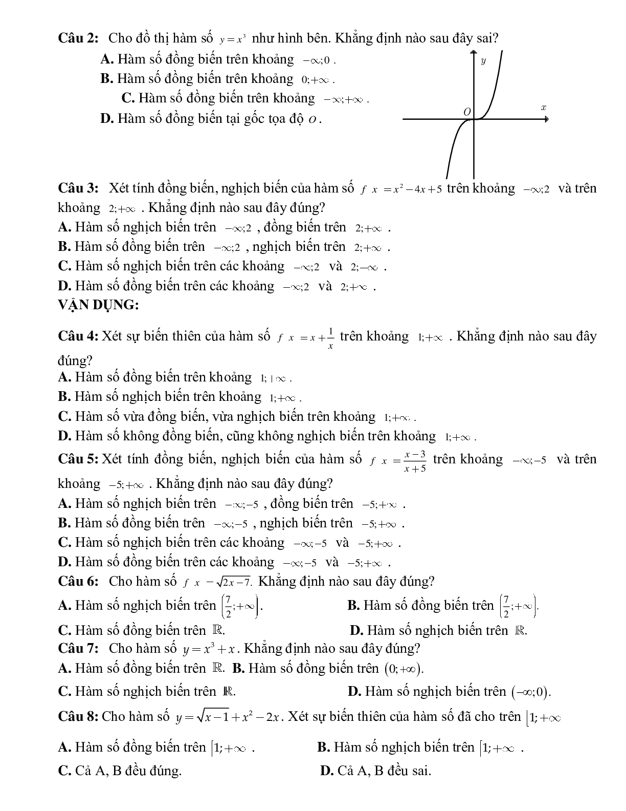 Bài tập tự luyện xét sự biến thiên của hàm số trên khoảng cho trước Toán 10 (trang 5)