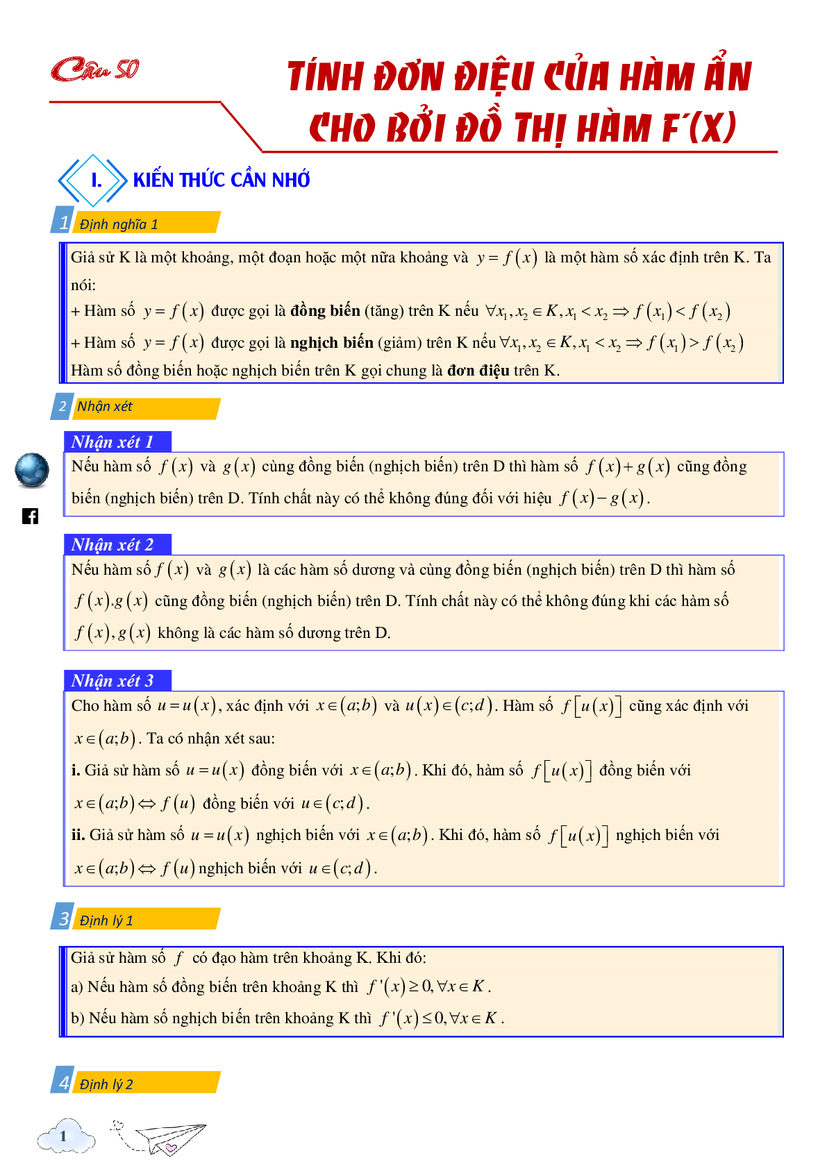 Tính đơn điệu của hàm ẩn được cho bởi đồ thị hàm f'(x) (trang 1)