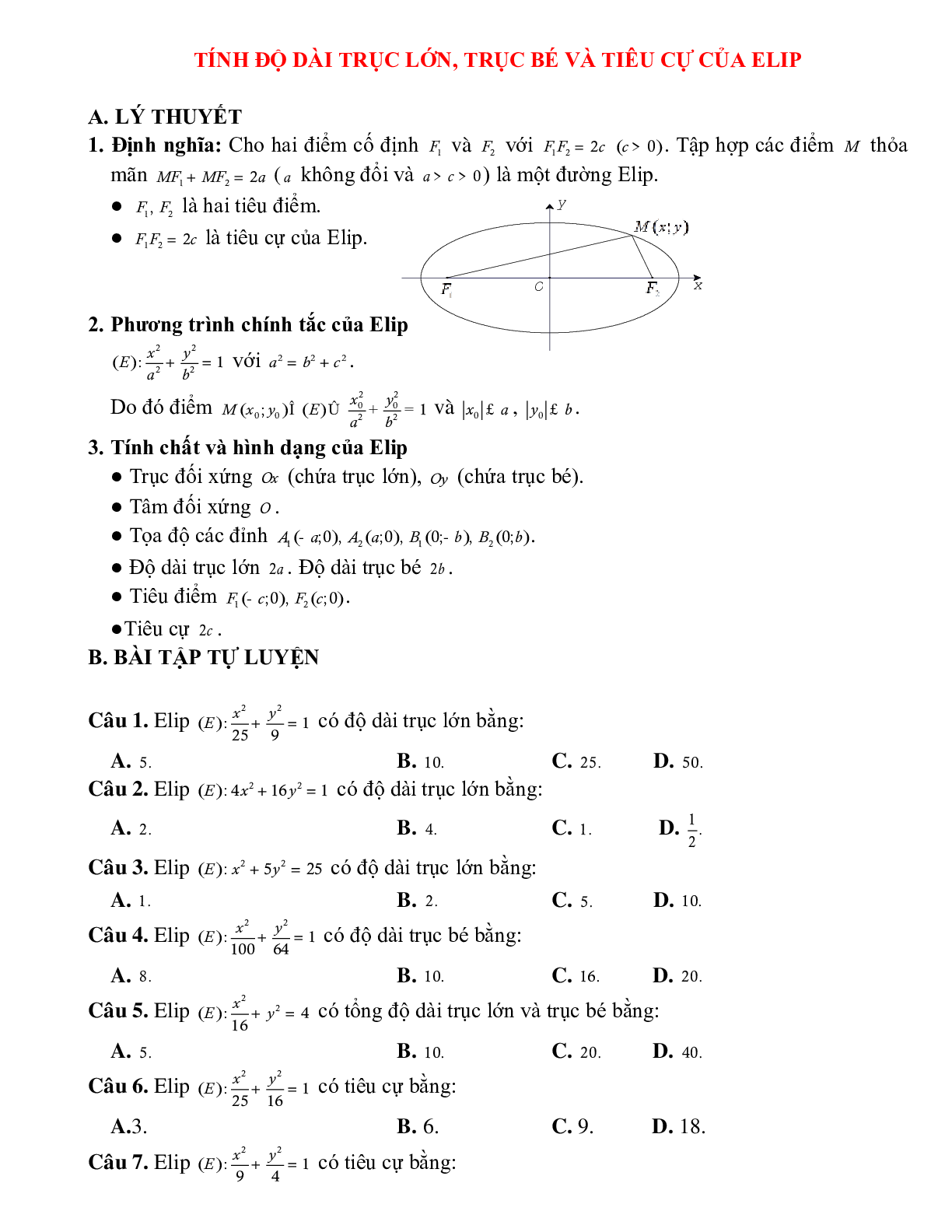 Lý thuyết, bài tập về Tính độ dài trục lớn, trục bé và tiêu cự của elip chọn lọc (trang 1)