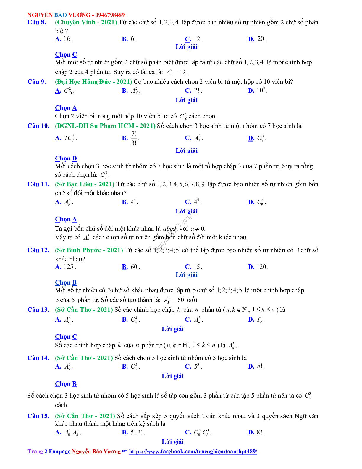 Chuyên đề Phép đếm - xác suất có đáp án môn Toán lớp 11 (trang 2)