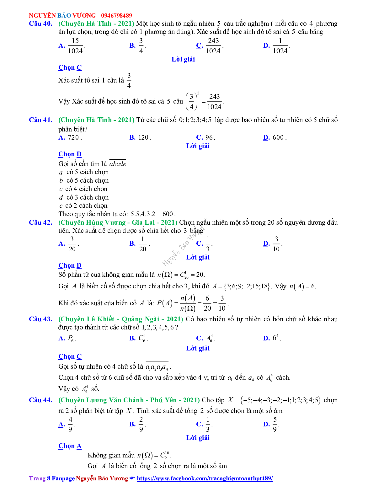 Chuyên đề Phép đếm - xác suất có đáp án môn Toán lớp 11 (trang 8)