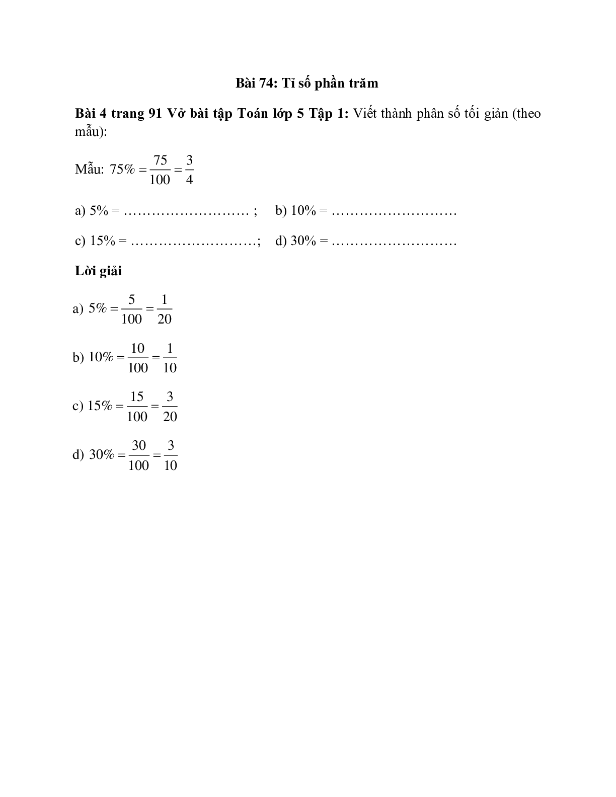 Viết thành phân số tối giản (theo mẫu):  Mẫu: 75% = 75/100 = 3/4 (trang 1)