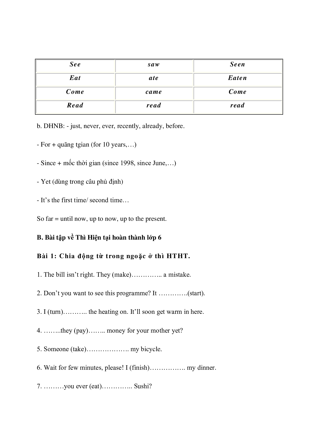Bài tập tổng hợp về thì hiện tại hoàn thành tiếng Anh lớp 6 có đáp án, chọc lọc (trang 2)