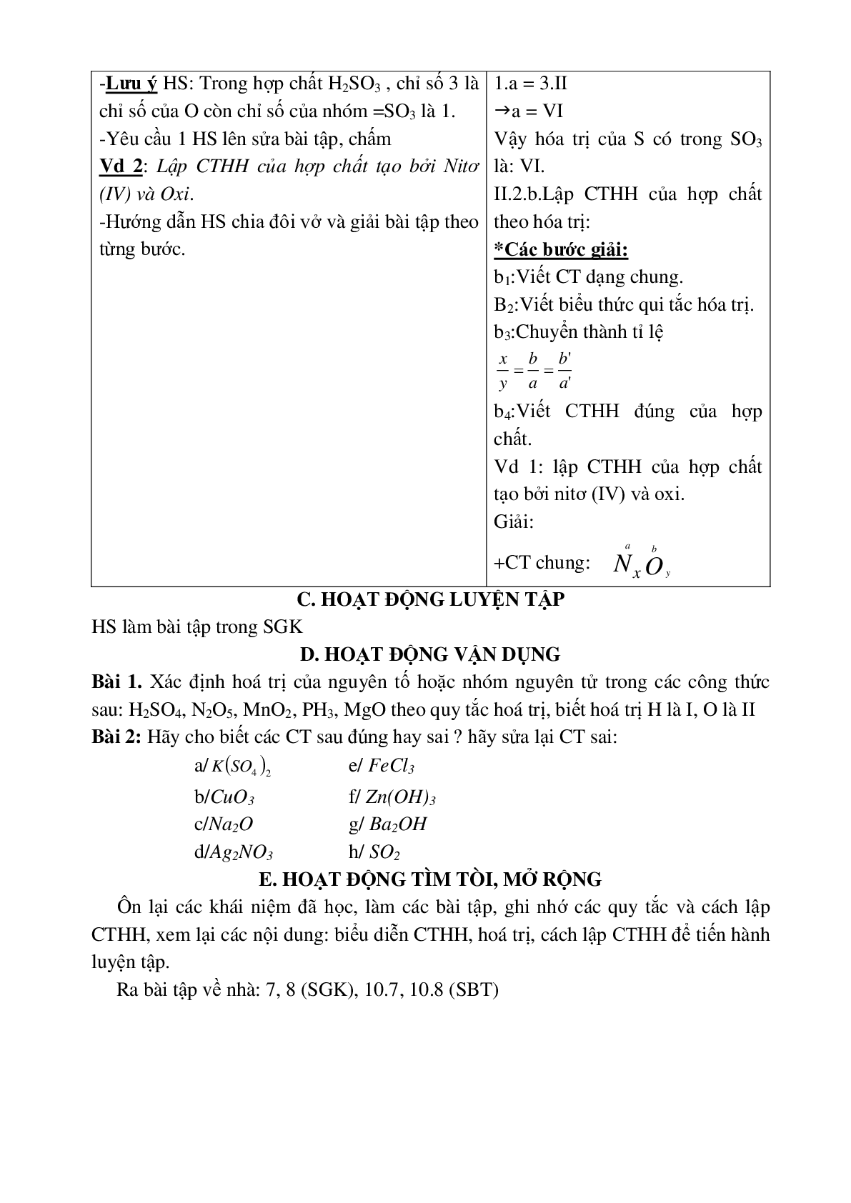 Giáo án hóa học 8 bài 9, 10: công thức hóa học- hóa trị mới nhất (trang 7)