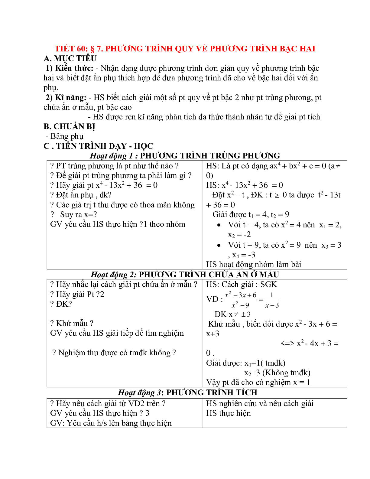 Giáo án Phương trình quy về phương trình bậc hai (2023) mới nhất - Toán 9 (trang 1)