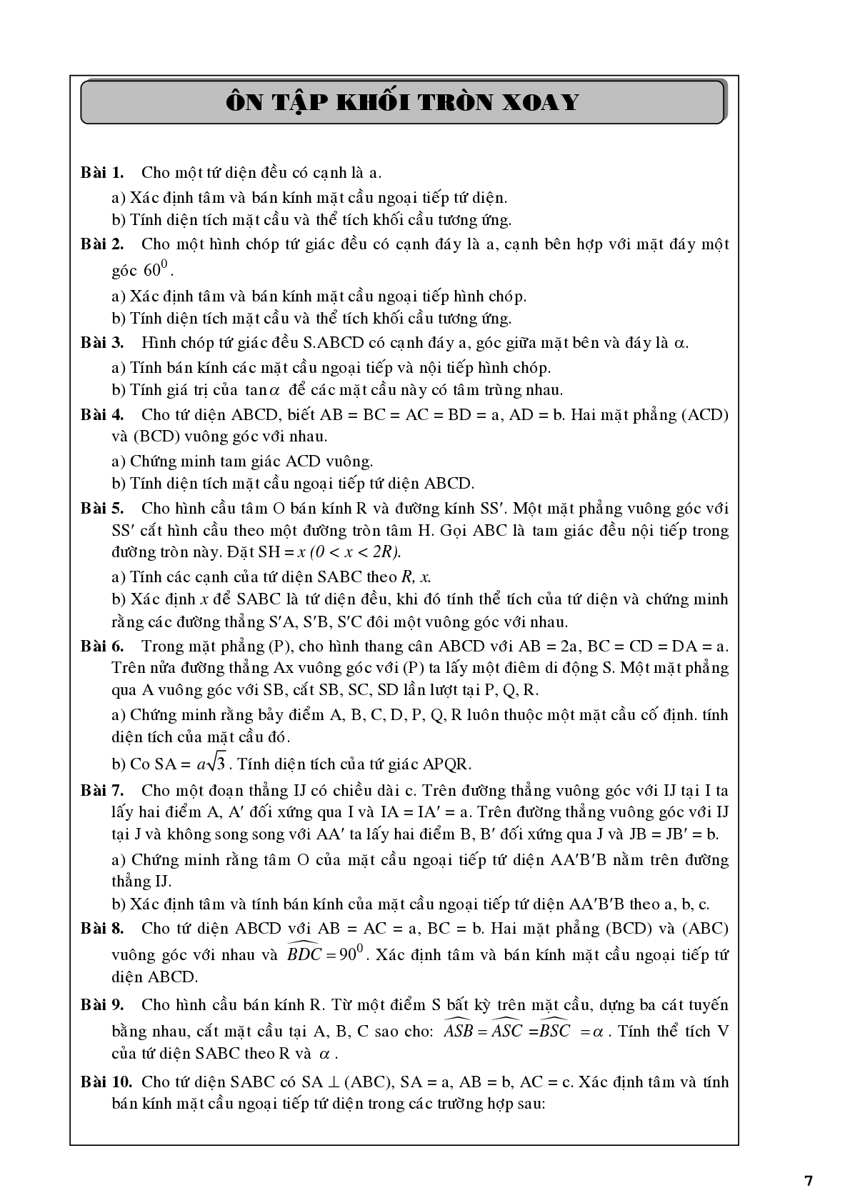 Bài tập về khối tròn xoay chọn lọc (trang 7)