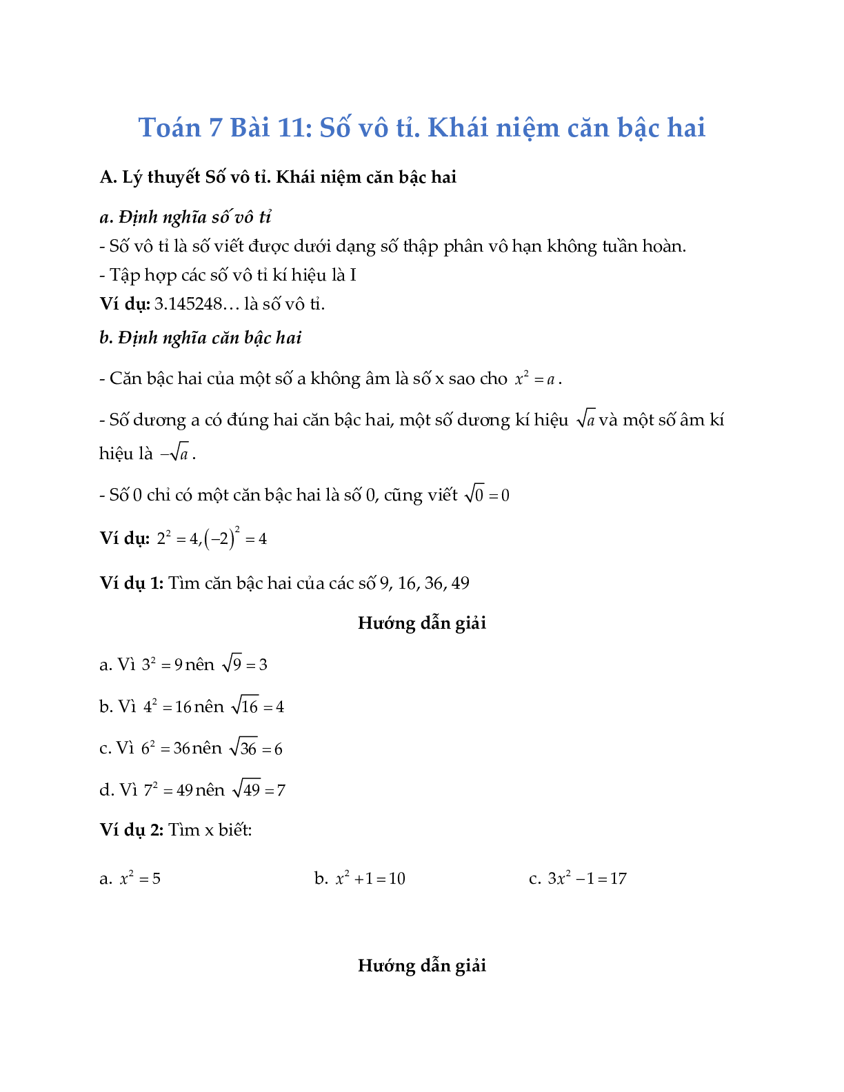 Lý thuyết Toán lớp 7 Bài 11: Số vô tỉ. Khái niệm căn bậc hai (trang 1)