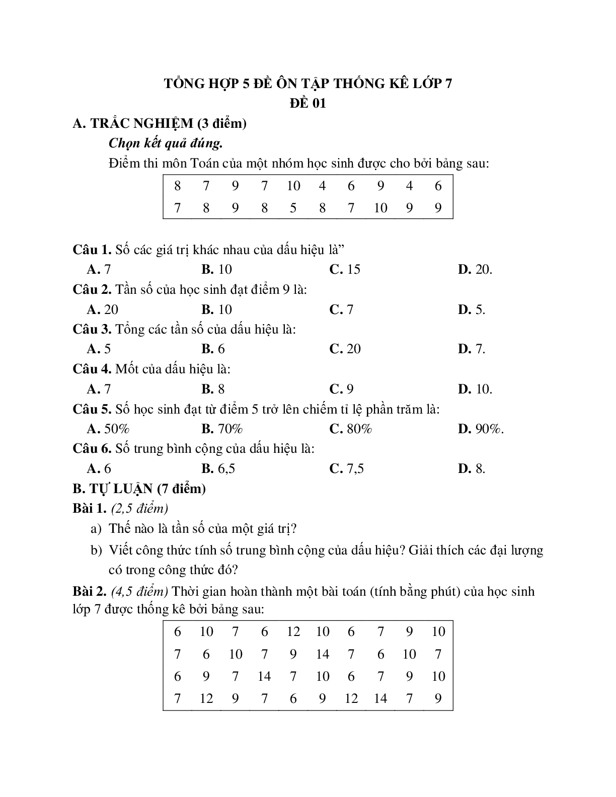 Tổng hợp 5 đề ôn tập thống kê lớp 7 (trang 1)