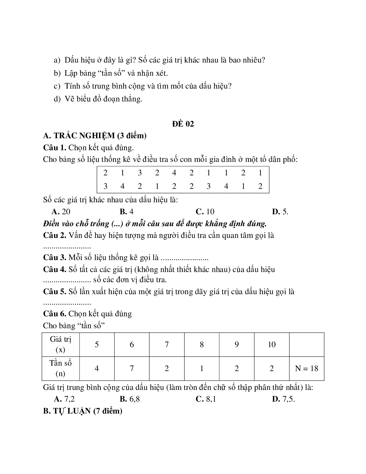 Tổng hợp 5 đề ôn tập thống kê lớp 7 (trang 2)