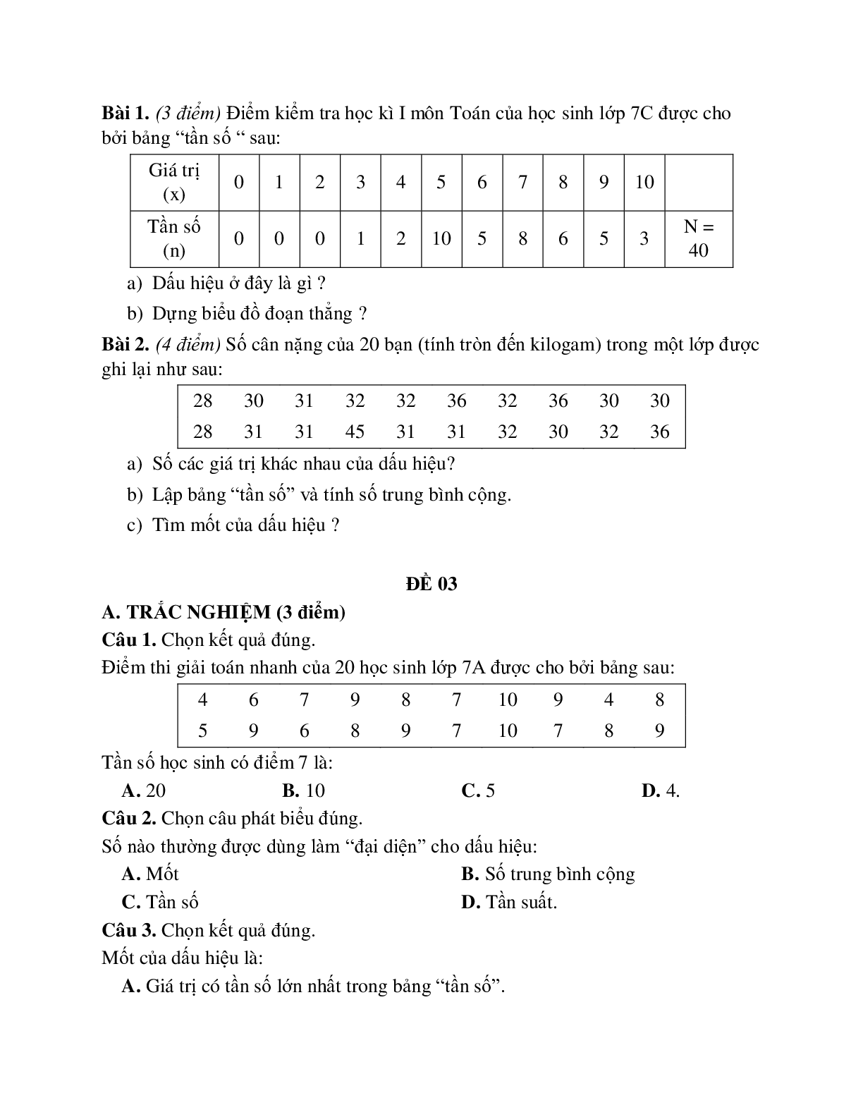 Tổng hợp 5 đề ôn tập thống kê lớp 7 (trang 3)