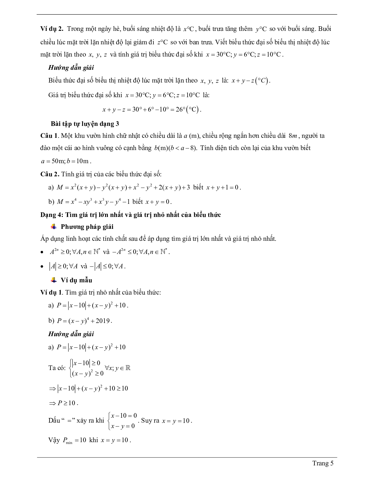 Lý thuyết Toán 7 Bài 1, 2 có đáp án: Khái niệm và giá trị về biểu thức đại số (trang 5)