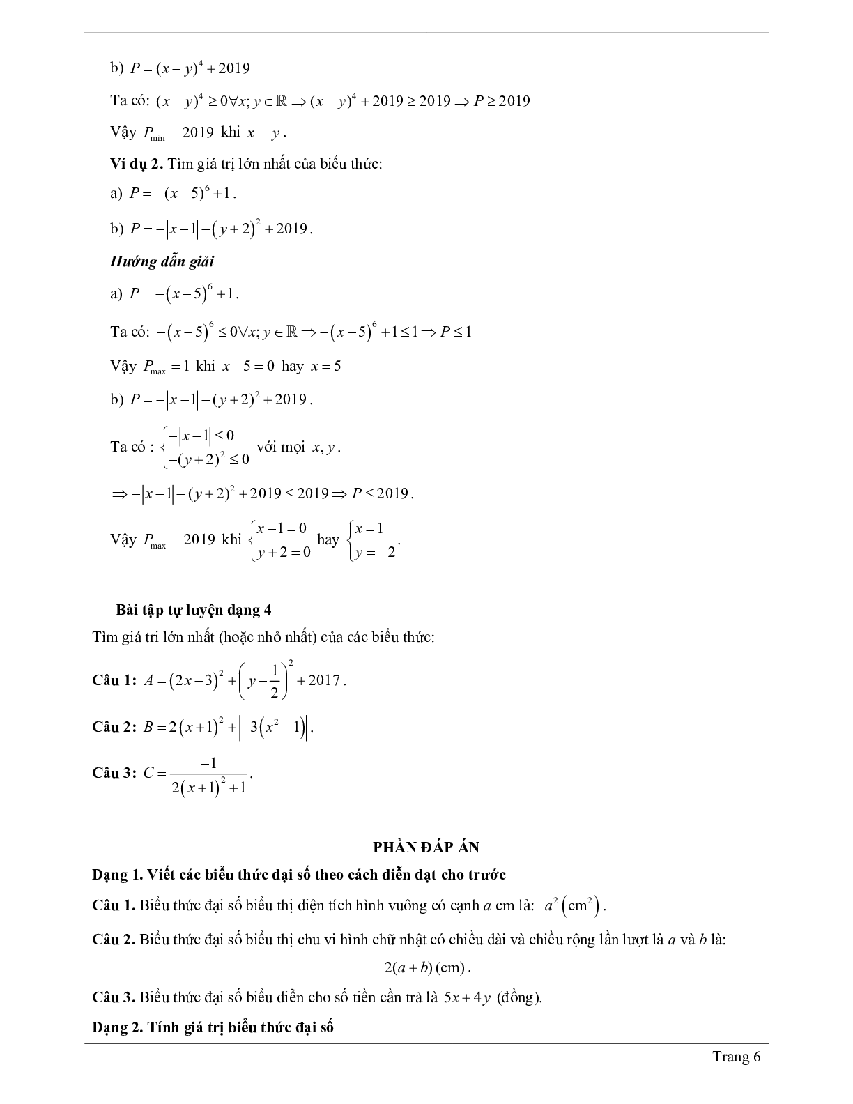 Lý thuyết Toán 7 Bài 1, 2 có đáp án: Khái niệm và giá trị về biểu thức đại số (trang 6)