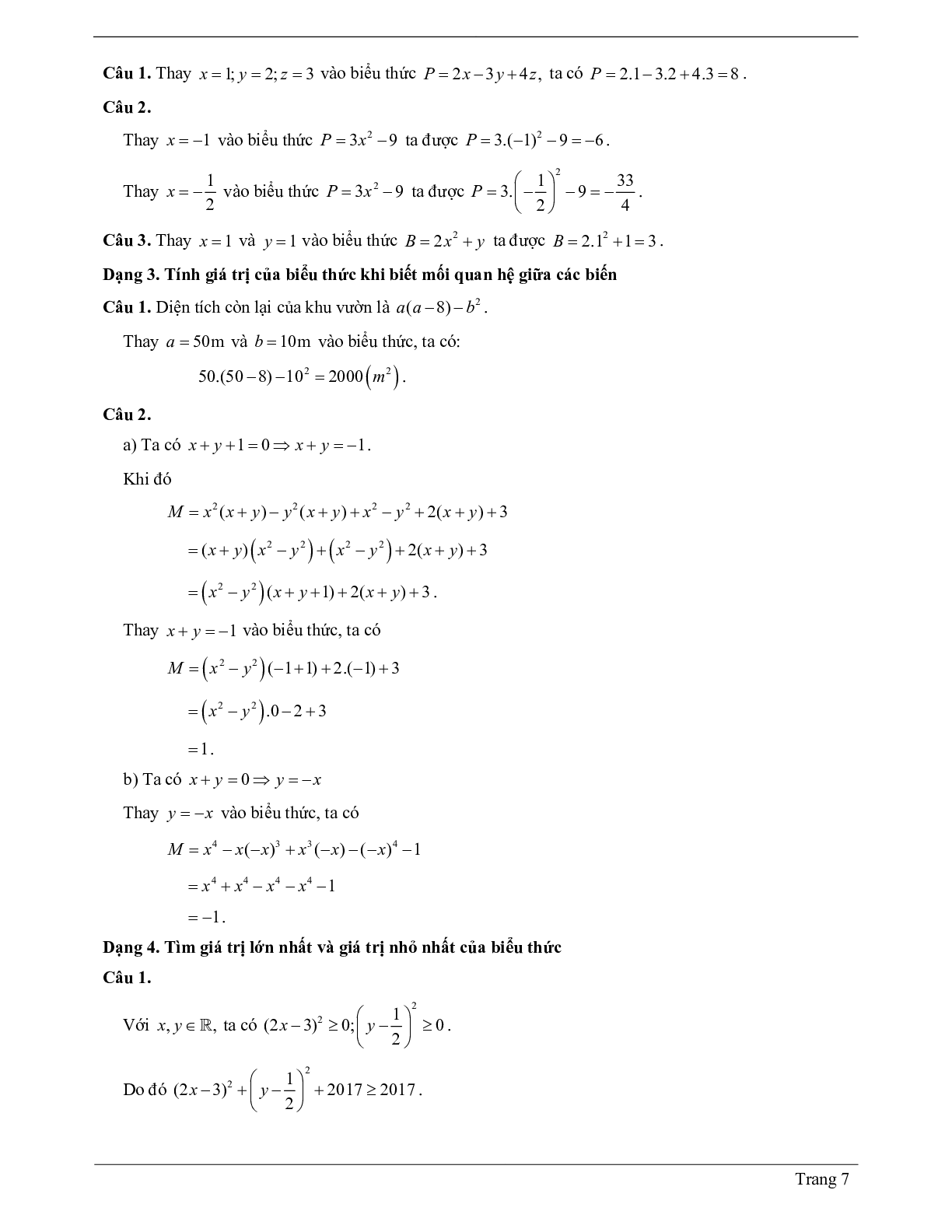 Lý thuyết Toán 7 Bài 1, 2 có đáp án: Khái niệm và giá trị về biểu thức đại số (trang 7)