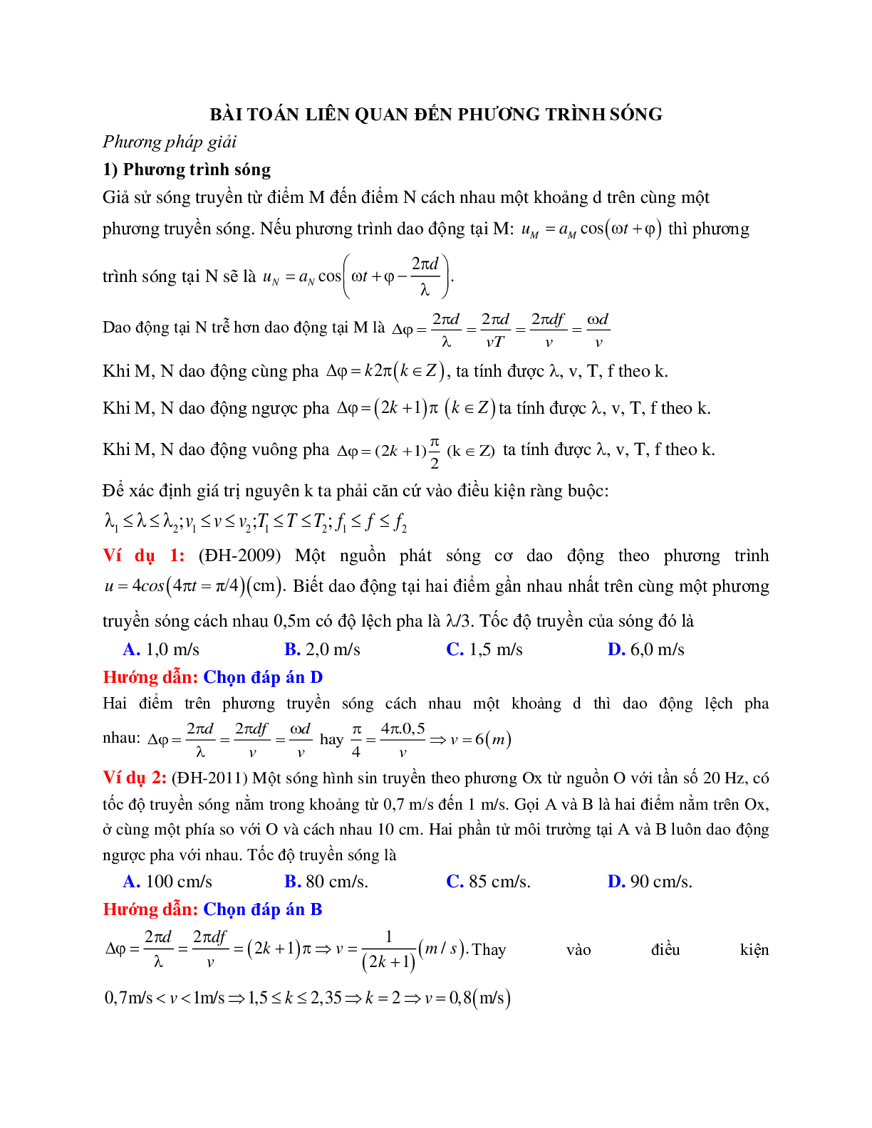 Các dạng bài toán liên quan đến phương trình sóng môn Vật lý lớp 12 (trang 1)