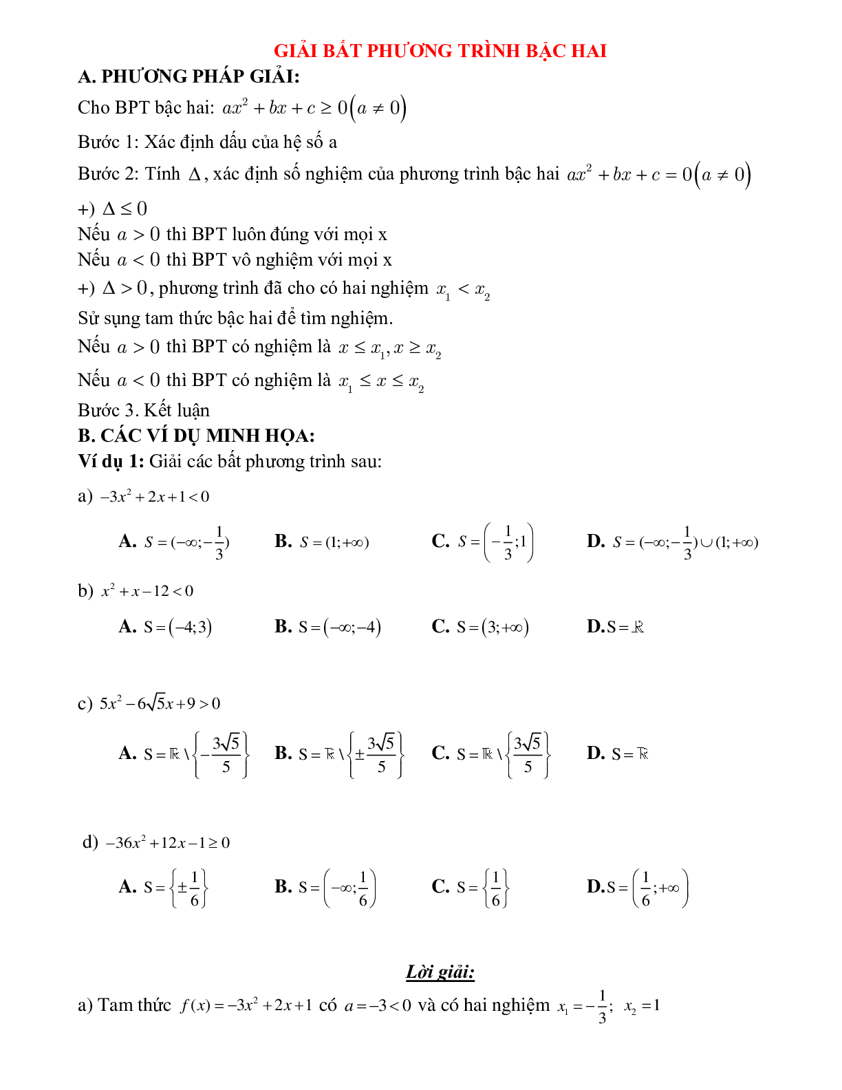 Bài tập giải bất phương trình bậc hai Toán 10 (trang 1)