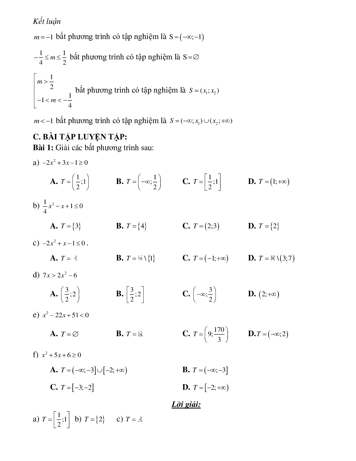 Bài tập giải bất phương trình bậc hai Toán 10 (trang 5)