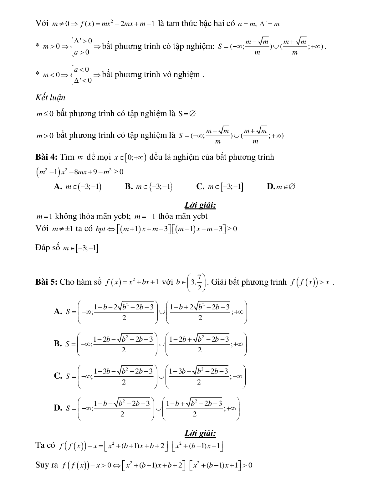 Bài tập giải bất phương trình bậc hai Toán 10 (trang 7)