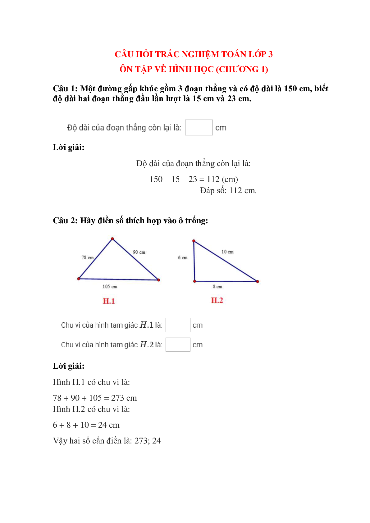 Trắc nghiệm Ôn tập về hình học (chương 1) có đáp án – Toán lớp 3 (trang 1)