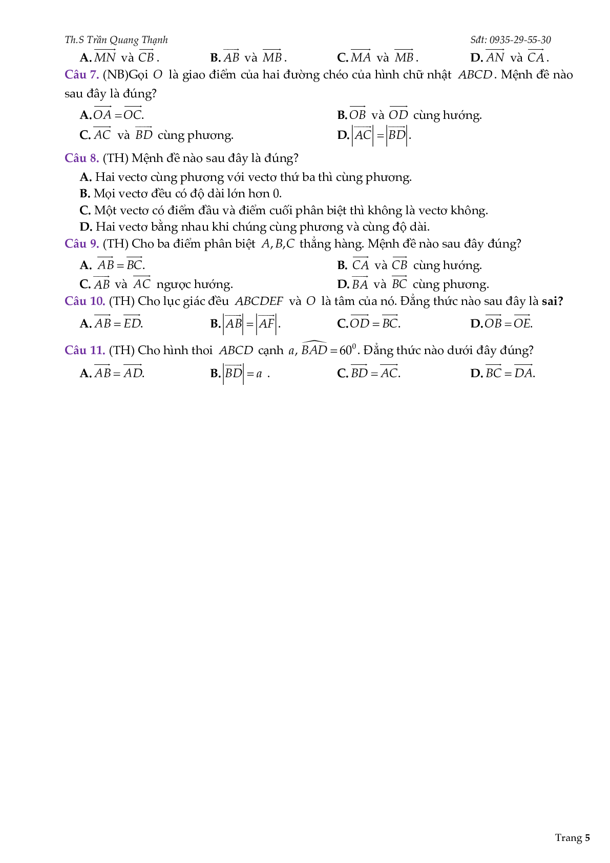 Bài tập trắc nghiệm và tự luận chuyên đề vector (trang 5)