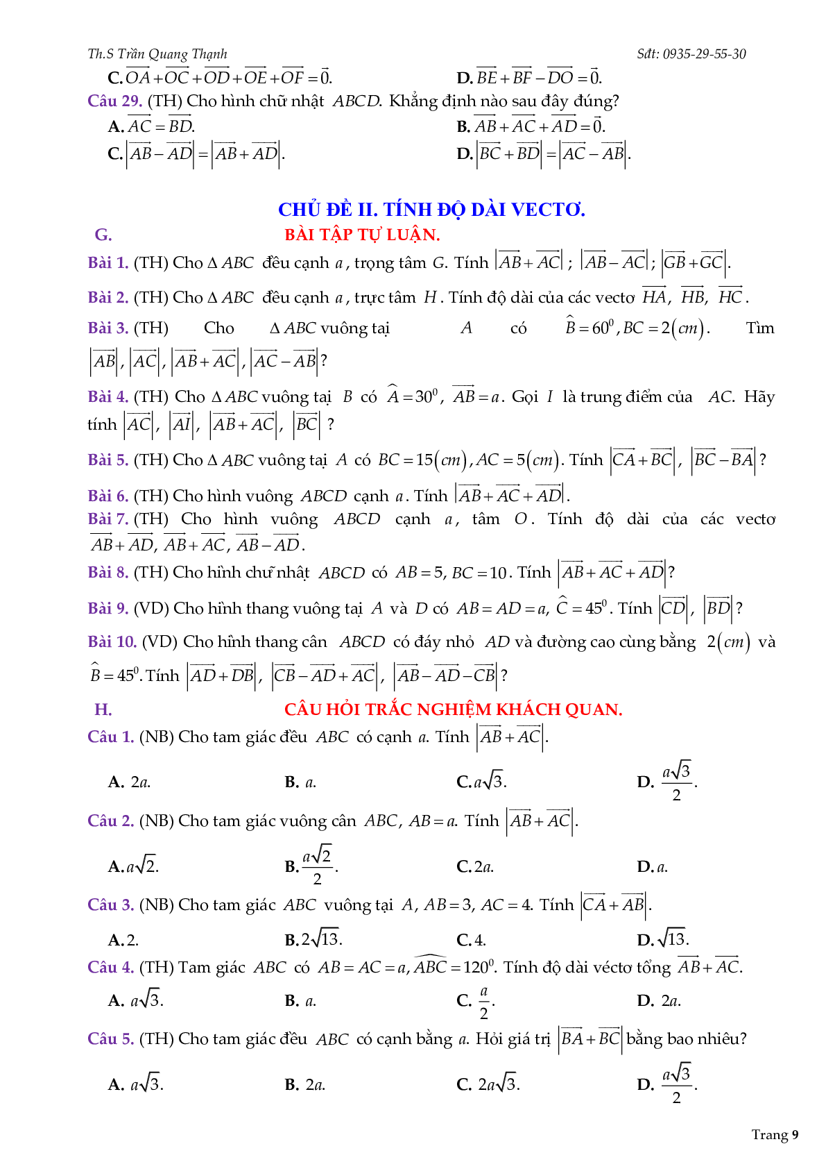 Bài tập trắc nghiệm và tự luận chuyên đề vector (trang 9)
